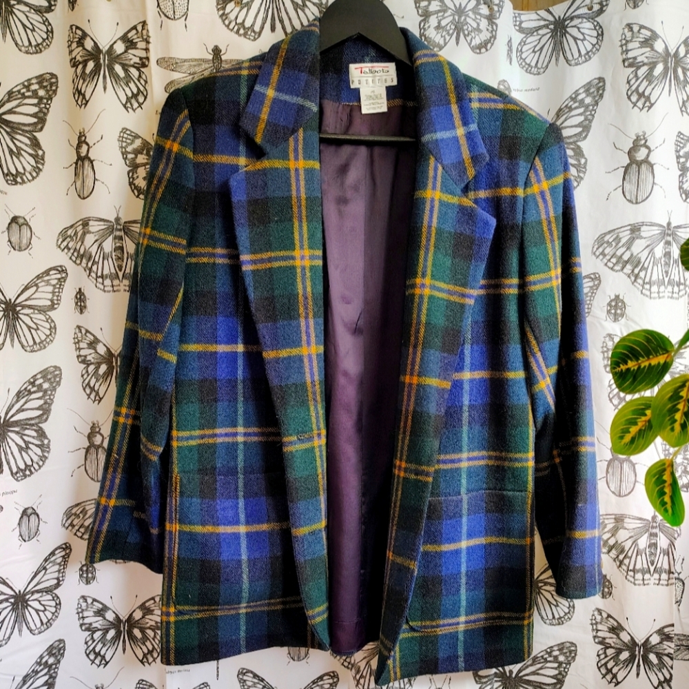 VINTAGE blue, green and gold tartan blazer